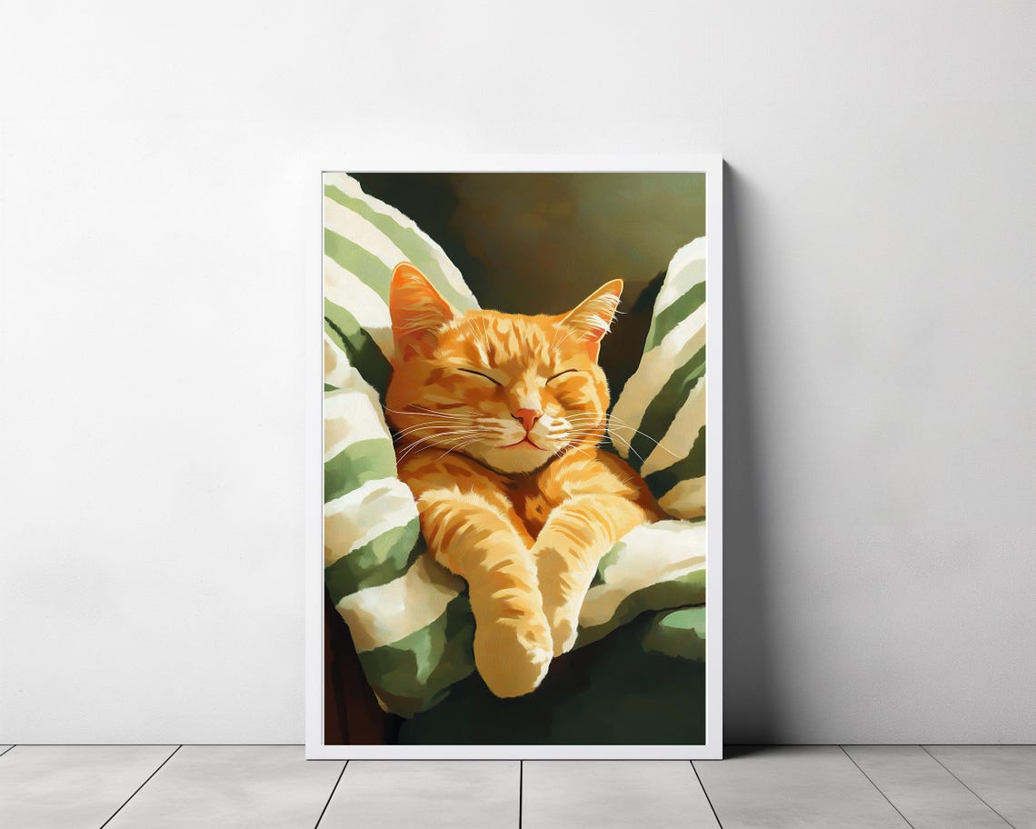 Smiling Orange Cat Napping With Paws Crossed on Striped Pillow Poster - Image 3