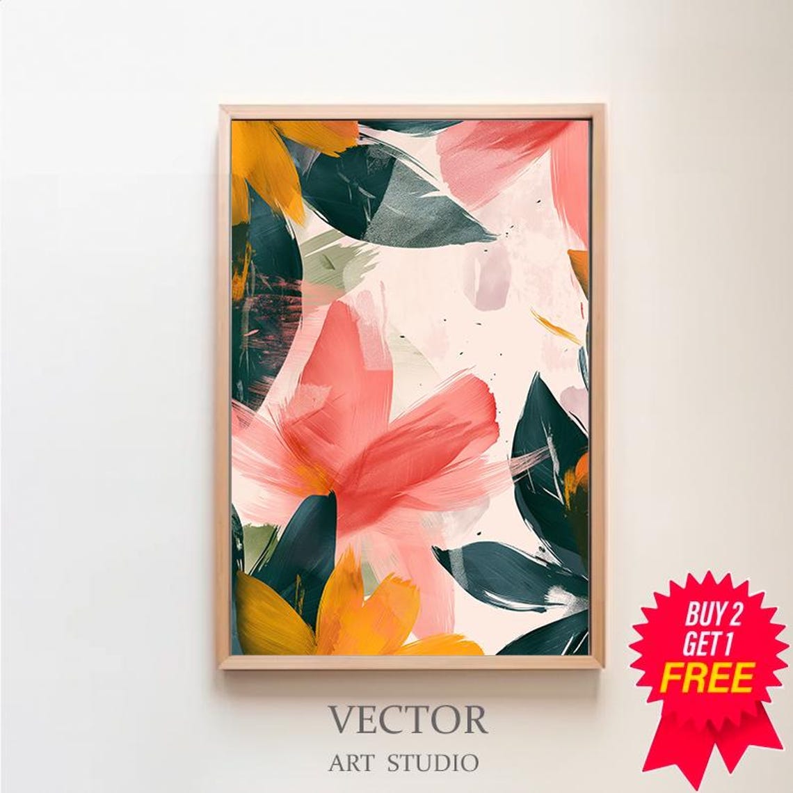 Bold Brushstroke Floral Abstract in Coral Pink and Green Poster