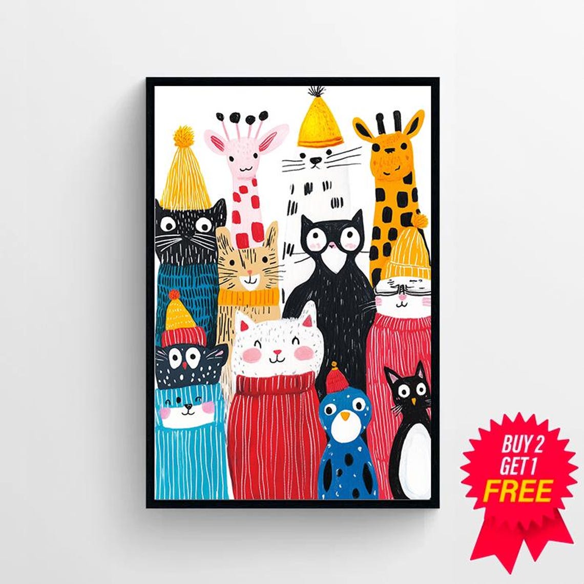 Colorful Cats Giraffes Cute Animals In Sweaters Kids Wall Poster - Image 4