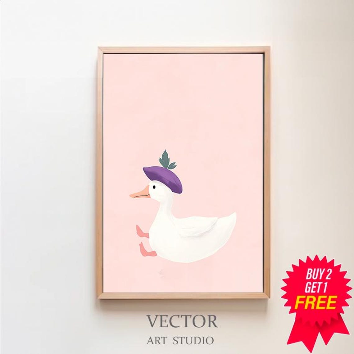 Cute Duck Wearing a Purple Hat Running on Pink Nursery Poster