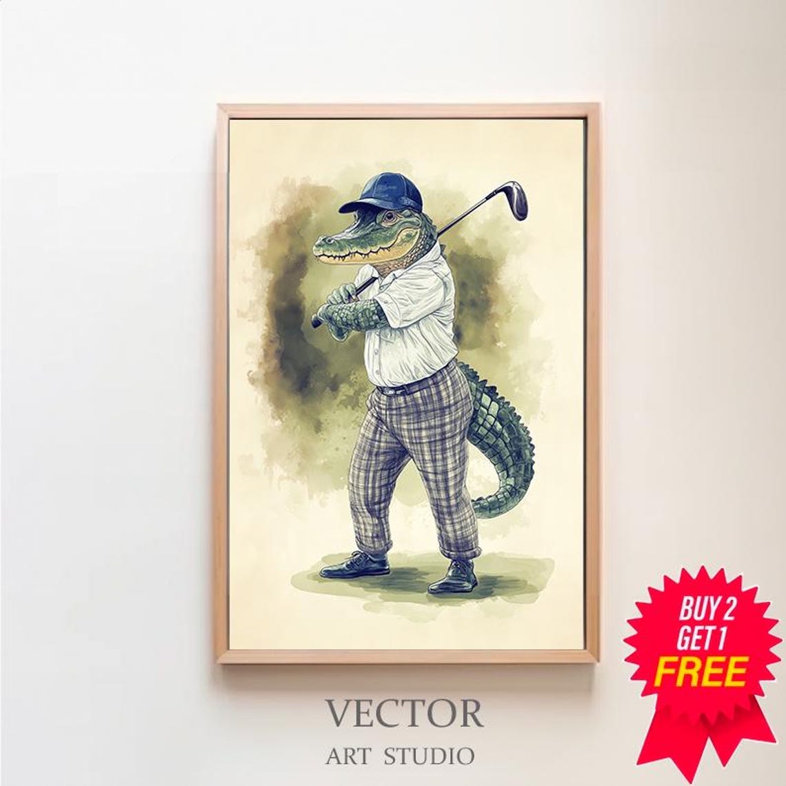 Alligator Golfer in a Polo Shirt Swinging a Golf Club Poster
