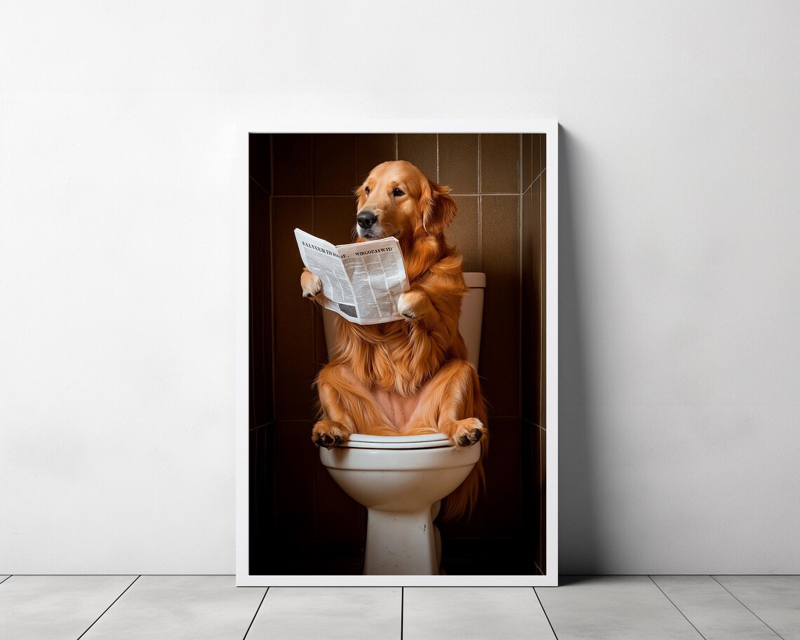 Golden Retriever Reading Newspaper On The Toilet Funny Dog Poster - Image 3