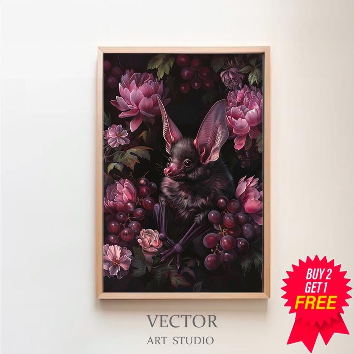 Fruit Bat Among Pink Peonies and Dark Grapes Gothic Floral Art Print