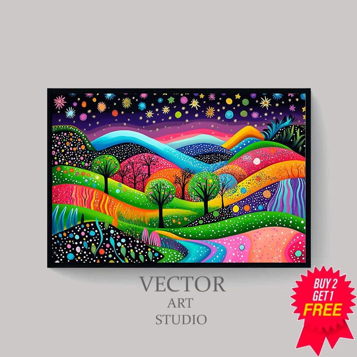 Colorful Night Hills Under a Starry Sky Abstract Fantasy Art Poster - Image 4