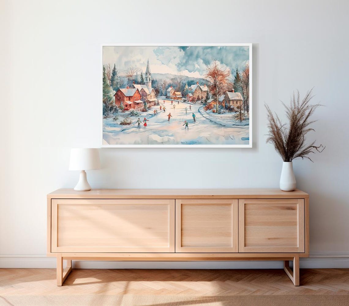 Snowy Village Ice Skating Pond Watercolor Winter Christmas Poster - Image 2