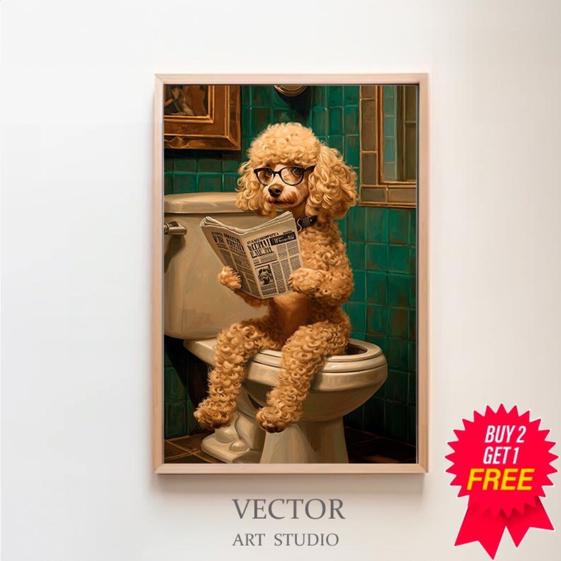 Goldendoodle on Toilet, Funny Bathroom Art Print