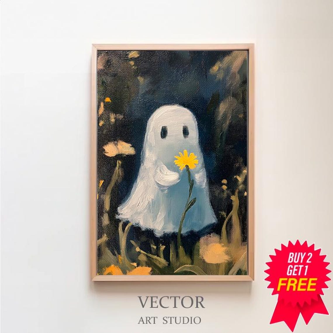Tiny Ghost Holding a Daisy Among Wildflowers Dark Night Poster
