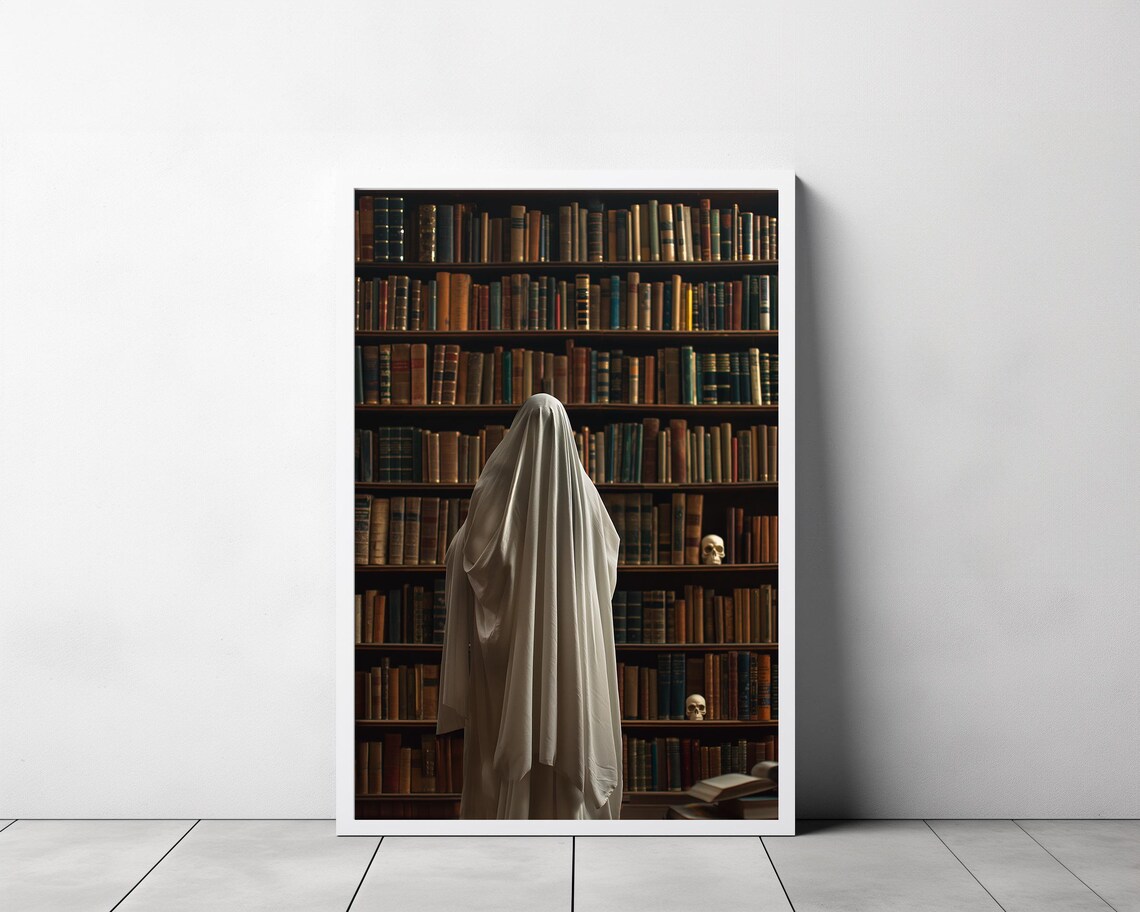 Ghost Facing A Wall Of Old Books From Behind Dark Academia Poster - Image 3