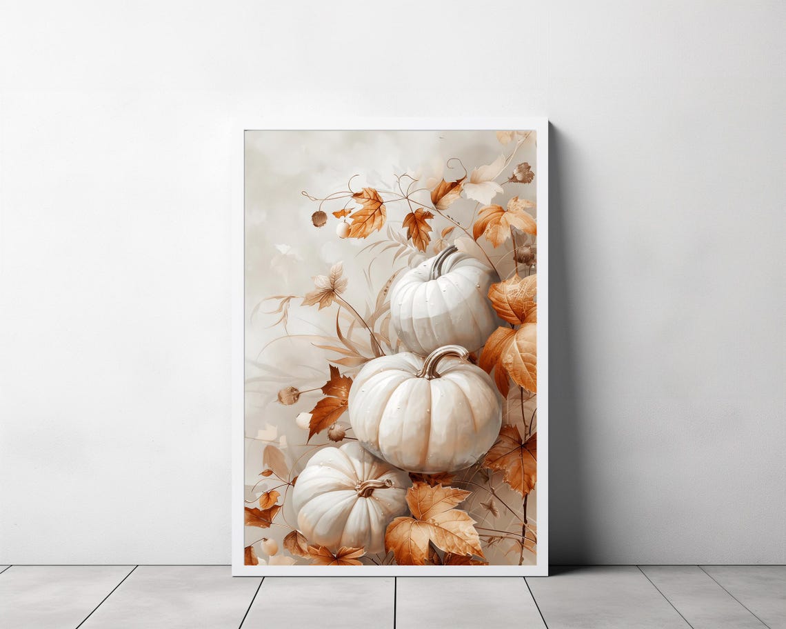 White Pumpkins And Autumn Leaves Fall Farmhouse Decor Art Poster - Image 3