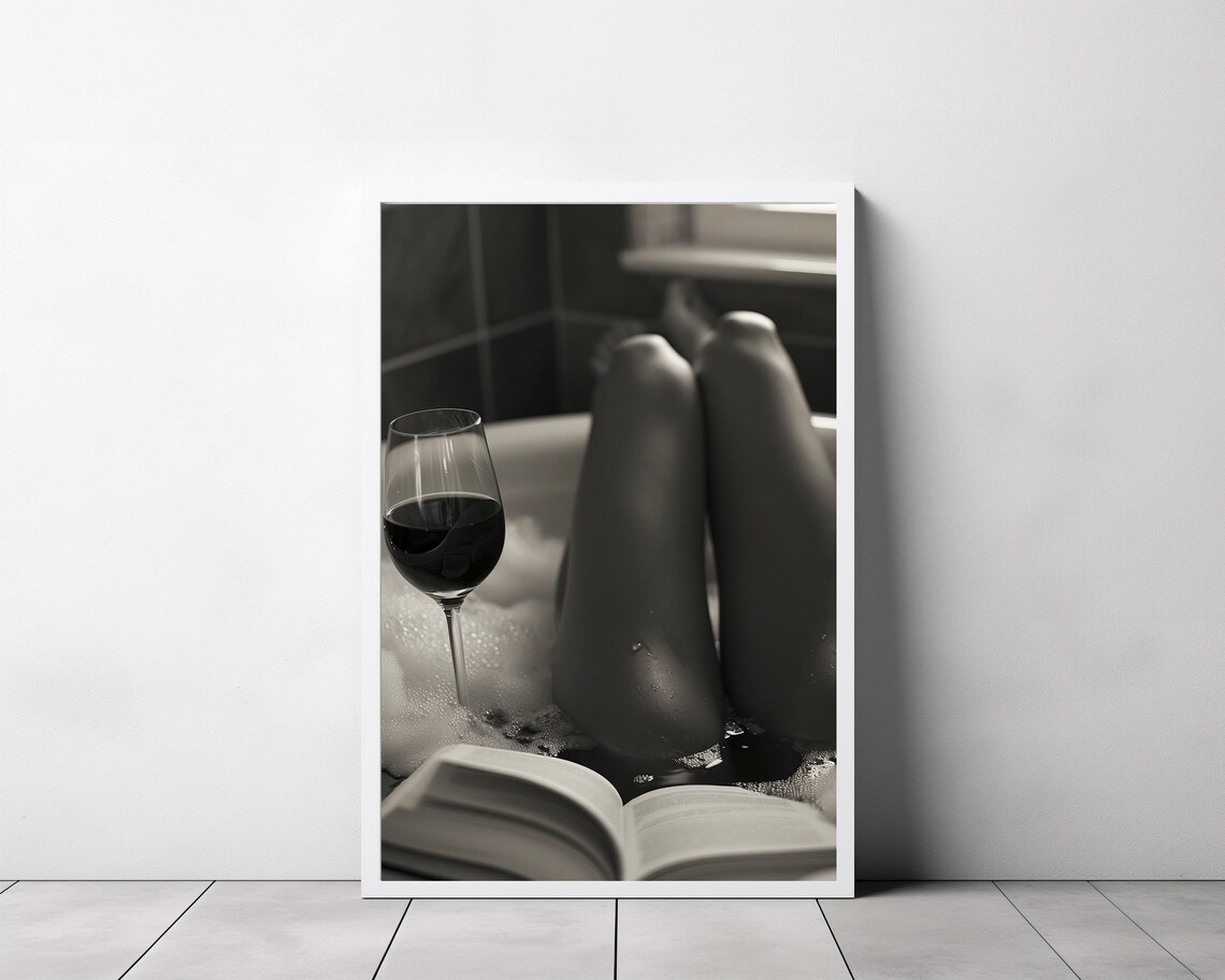 Woman Relaxing in Bubble Bath with Wine Glass and Book Photo Poster - Image 3