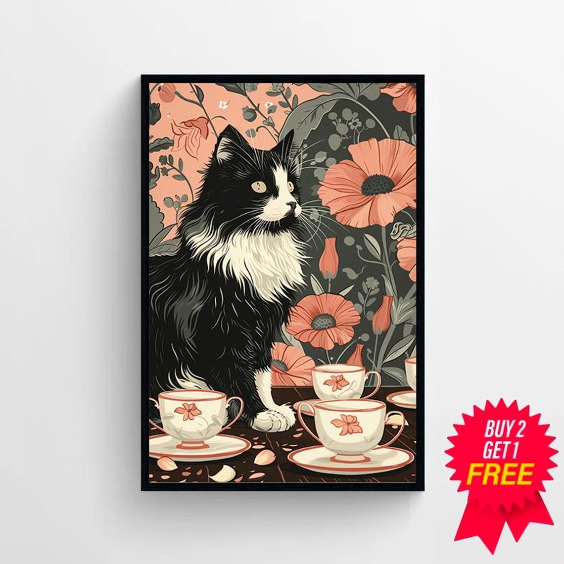 Cute Tuxedo Cat Enjoying Tea Time With Teacups Floral Poster - Image 4