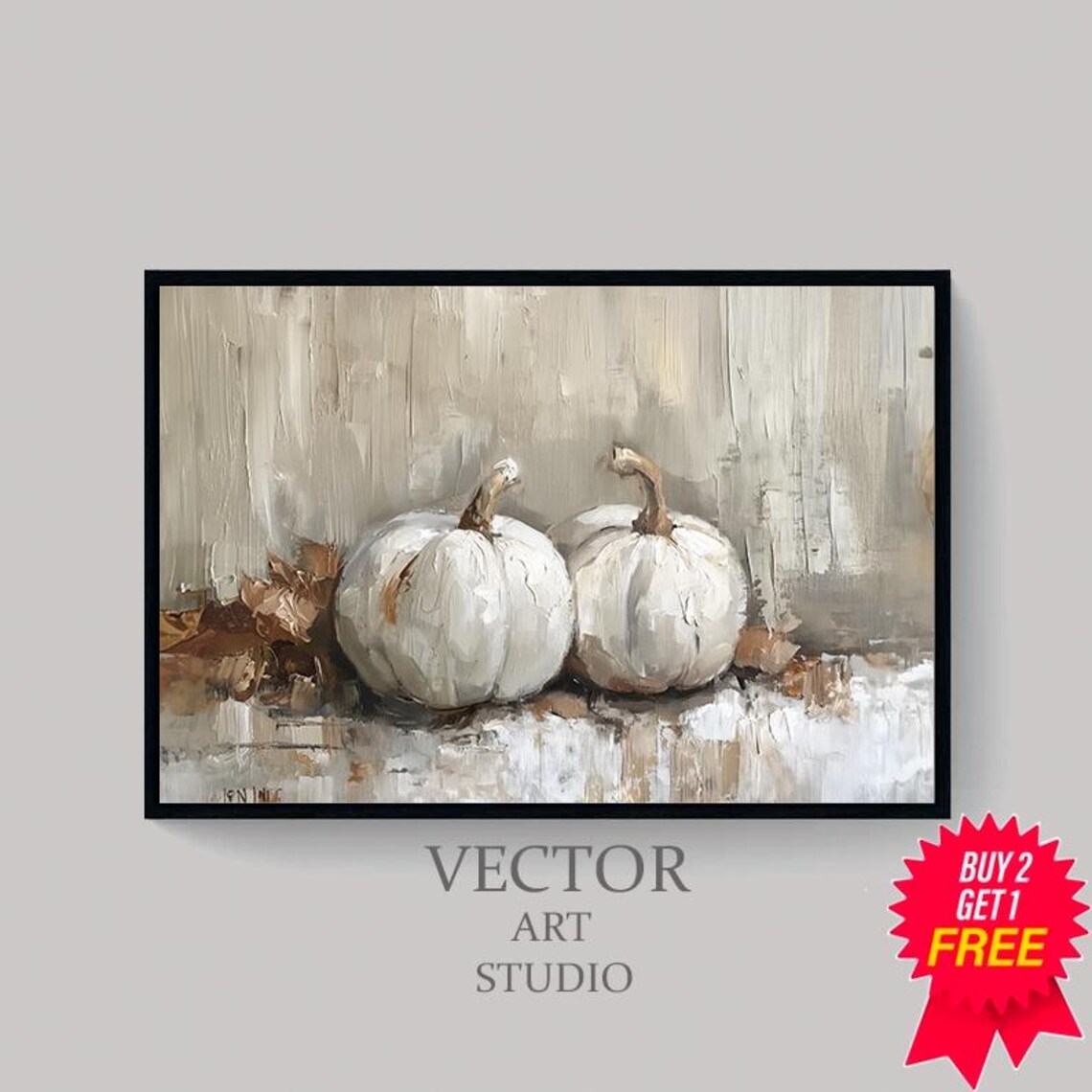 Two White Pumpkins with Autumn Leaves in a Rustic Still Life Art Poster - Image 4