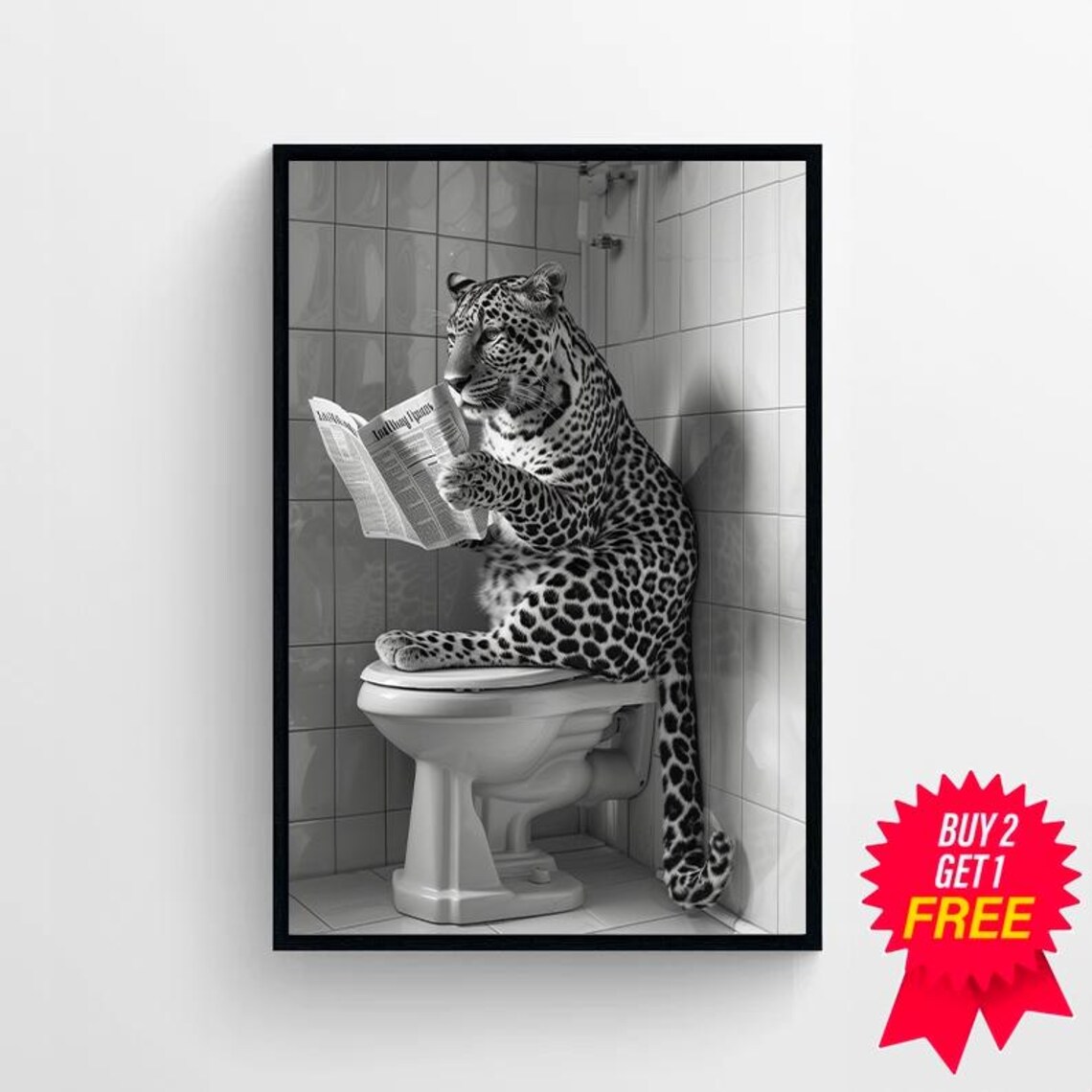 Leopard Reading Newspaper on Toilet Black and White Funny Art Poster - Image 4
