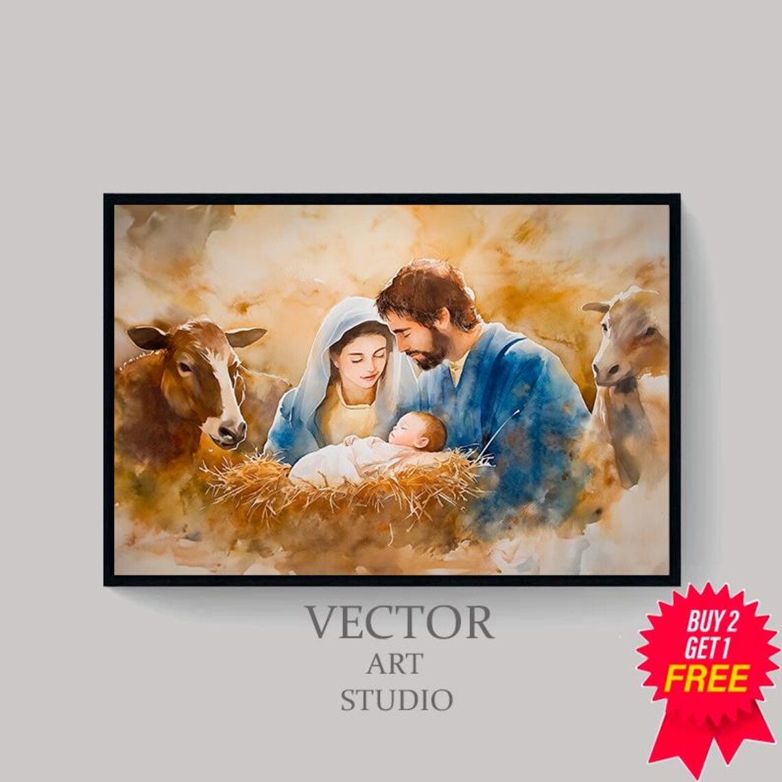 Warm Golden Watercolor Nativity Scene Of The Holy Family Christmas Print - Image 4