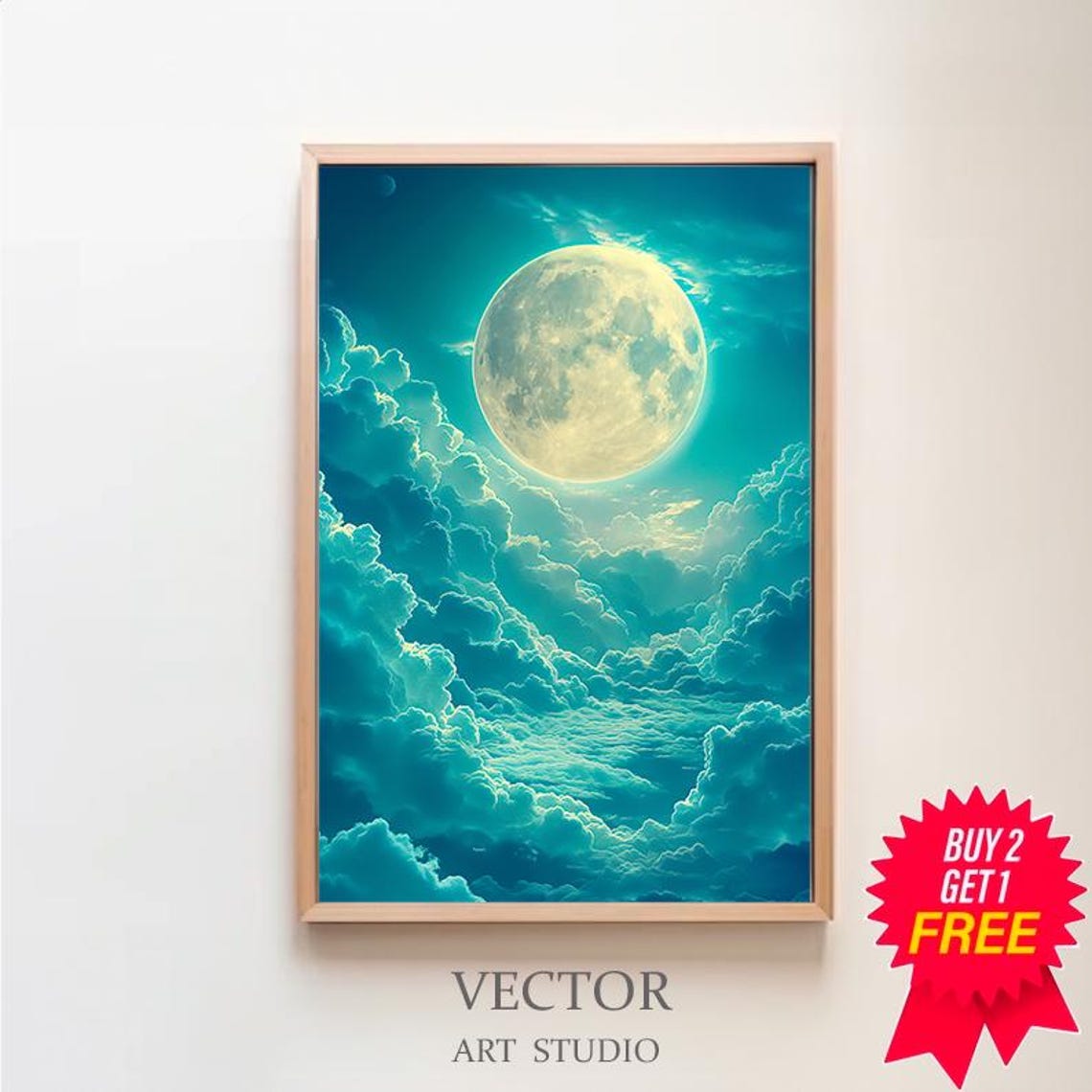Full Moon Floating Above Endless Teal Cloud Sea Night Poster