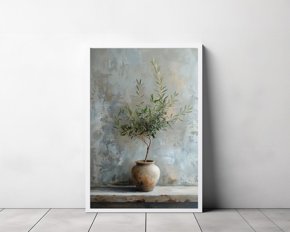 Young Olive Tree in a Rustic Clay Vase on a Textured Grey Wall Poster - Image 3
