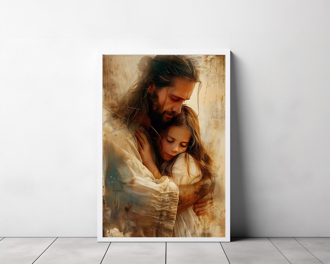 Jesus Embracing a Young Girl Comforting Christian Art Poster - Image 3