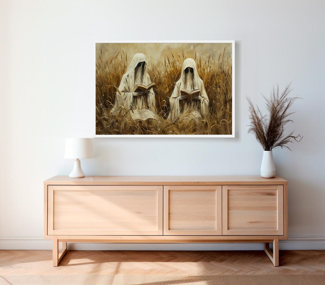 Two Spooky Ghosts Reading Books In A Wheat Field Fall Art Poster - Image 2