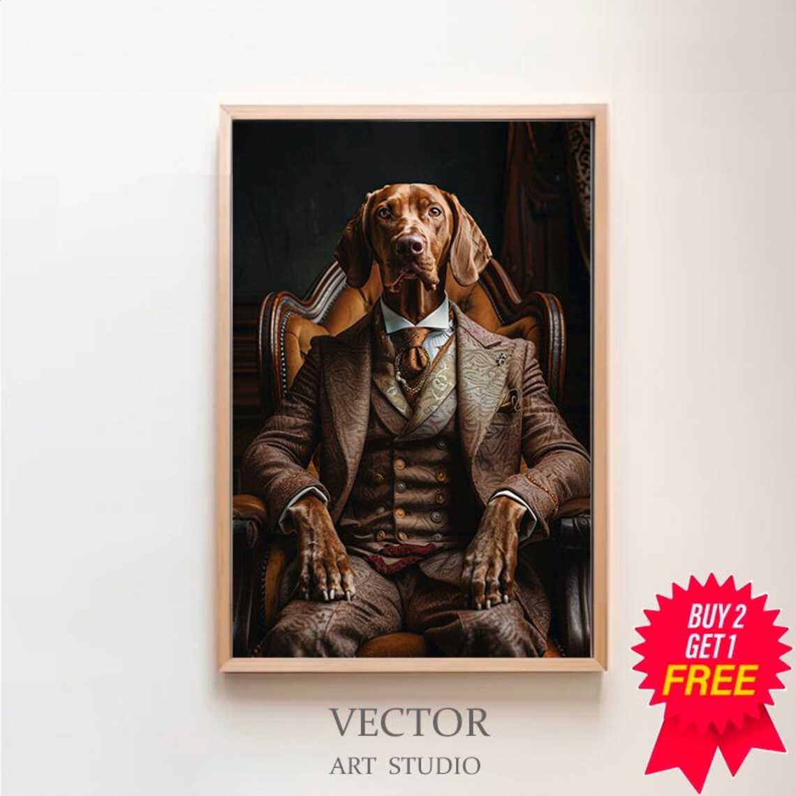 Vizsla in Brown Victorian Suit Leather Chair Portrait Poster