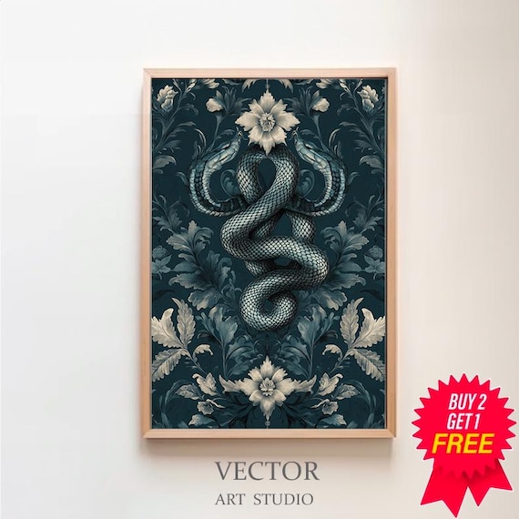 Intertwined Snake Botanical Damask William Morris Style Poster