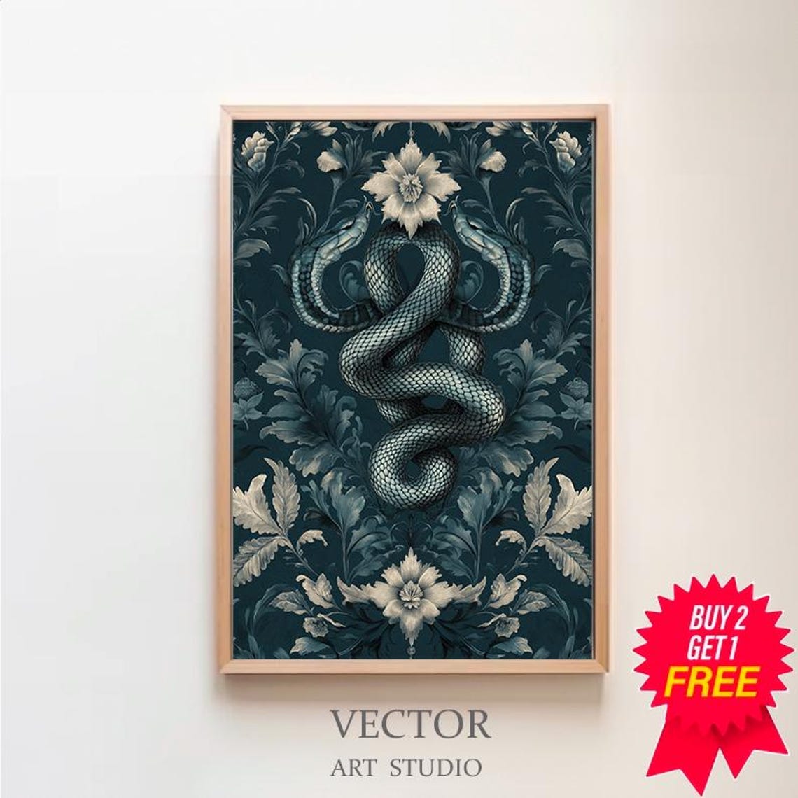 Intertwined Snake Botanical Damask William Morris Style Poster