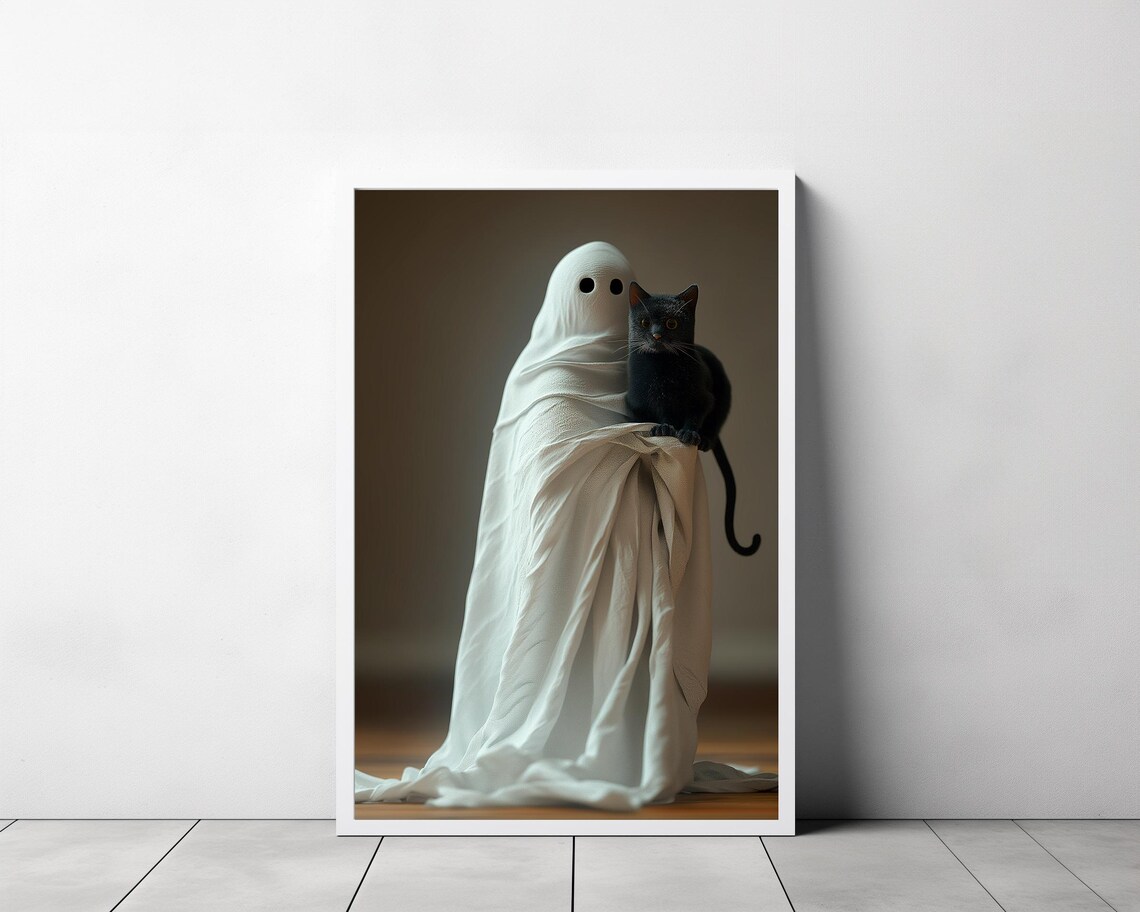 Cute Ghost Holding A Black Cat Spooky Sweet Halloween Art Poster - Image 3