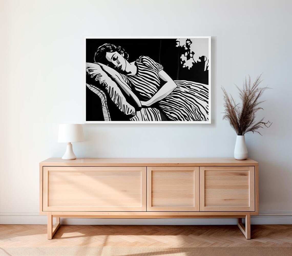 Woman Resting on Striped Sofa Classic Black and White Decorative Art Poster - Image 2