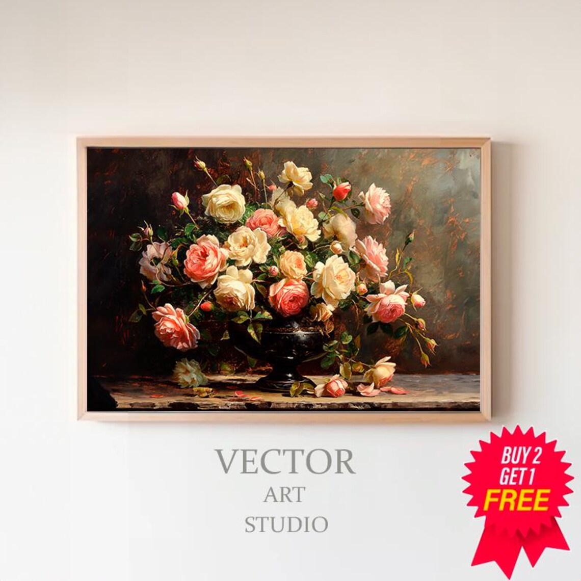 Pink and Cream Roses in a Black Urn Moody Vintage Still Life Poster