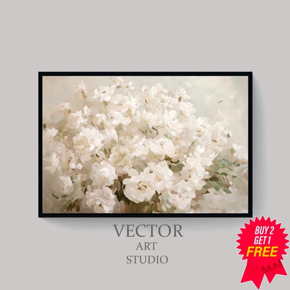 White Floral Oil Painting Soft Neutral Botanical Decor Art Print - Image 4