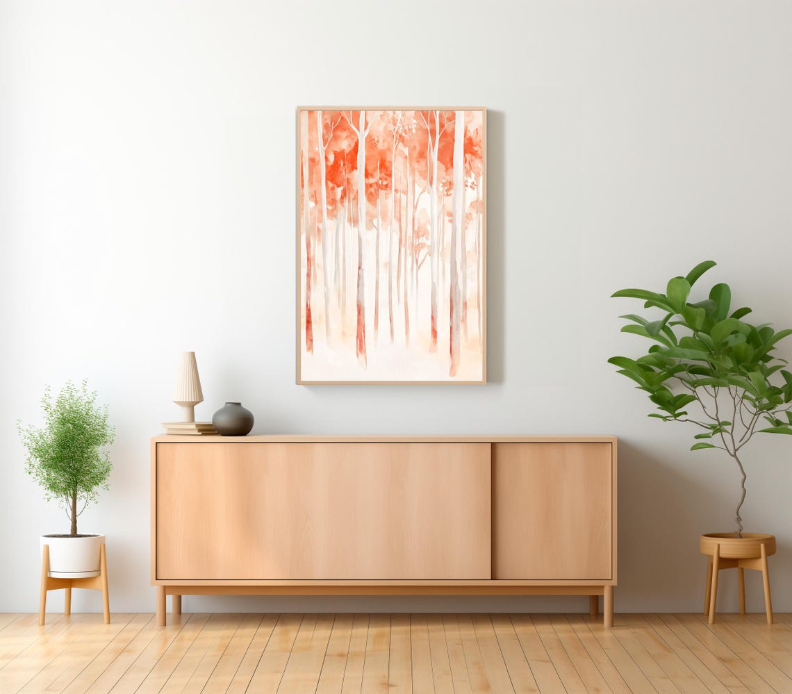 Eucalyptus Forest With Coral Red Canopy Watercolor Art Poster - Image 2