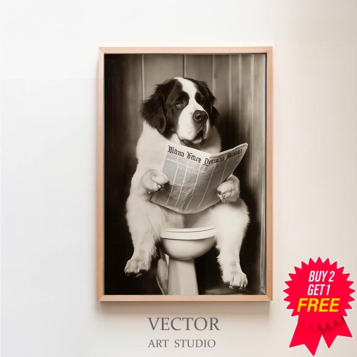 Saint Bernard Puppy On Toilet Reading Newspaper Sepia Photo Poster