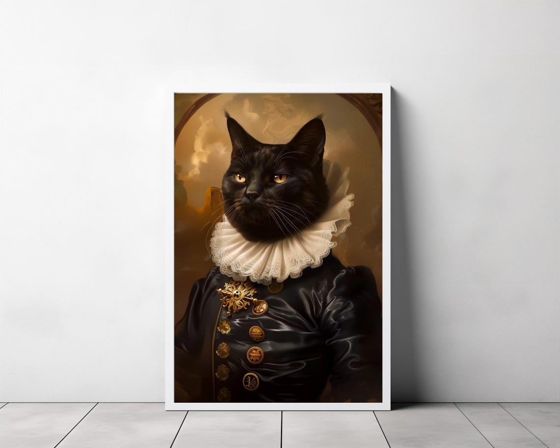 Noble Black Cat in Ruff with Gold Star Medal Baroque Style Poster - Image 3