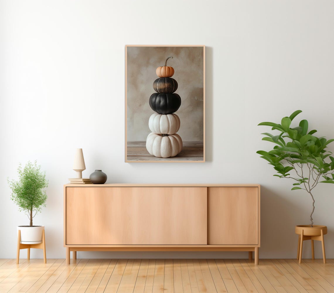 Tall Stack of Five Pumpkins in Black White and Orange Fall Art Poster - Image 2