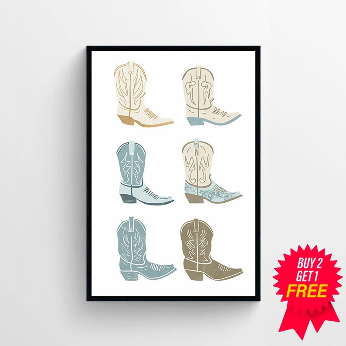 Muted Cowgirl Boots Six Set Neutral Farmhouse Western Decor Poster - Image 4