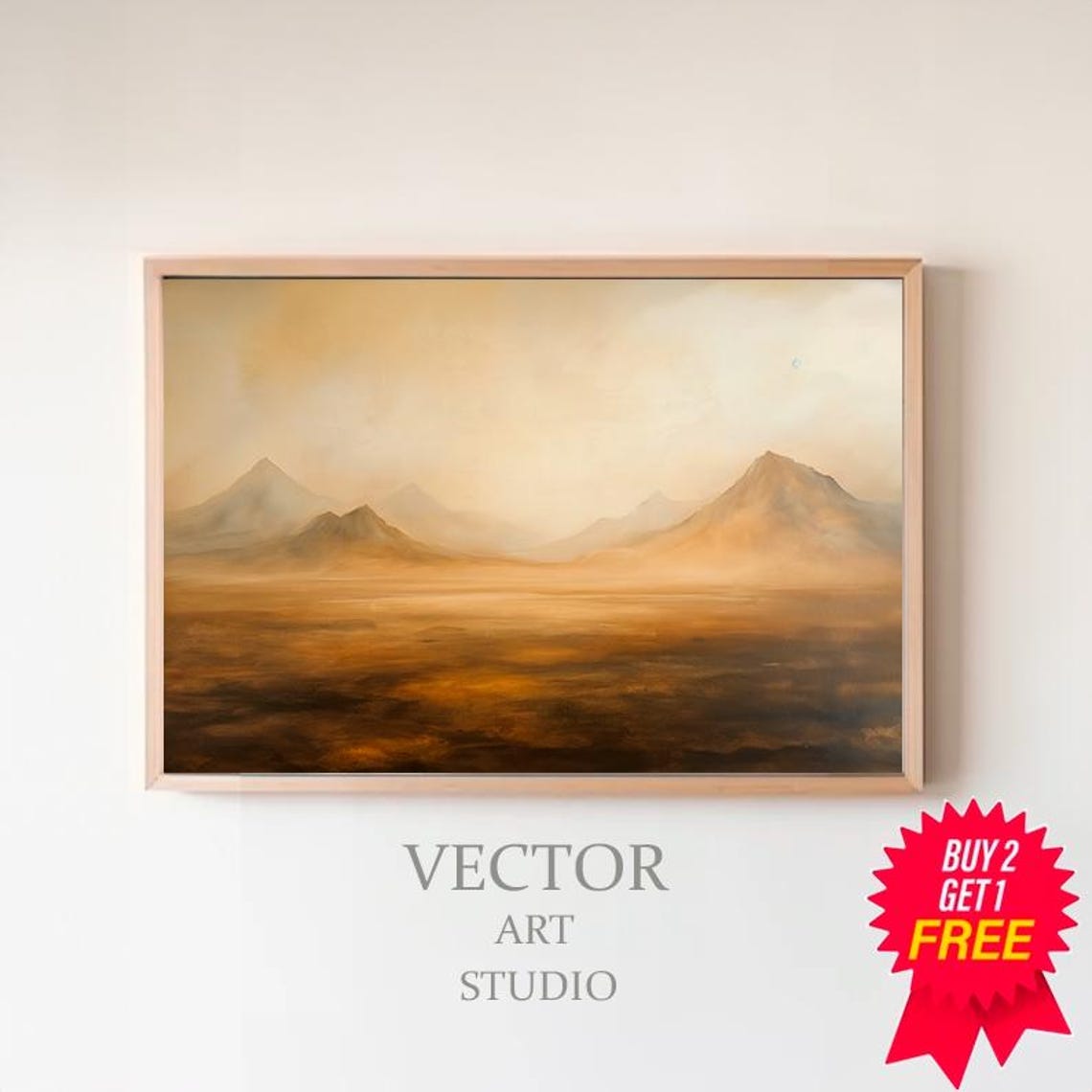 Misty Mountains Over Amber Desert Minimalist Moody Landscape Poster