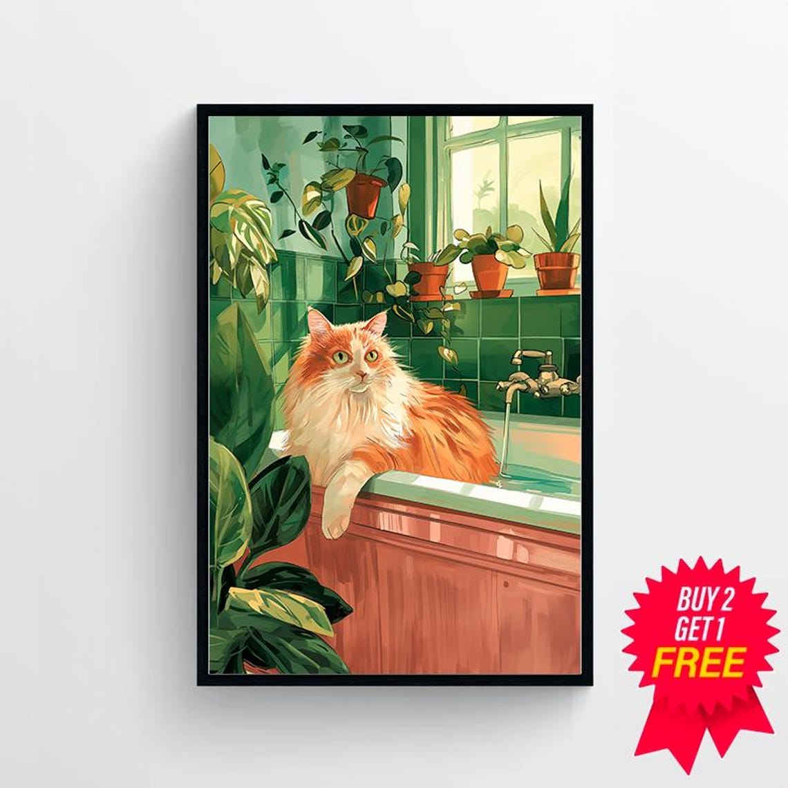 Fluffy Orange Cat Relaxing in a Bathtub Botanical Bathroom Poster - Image 4
