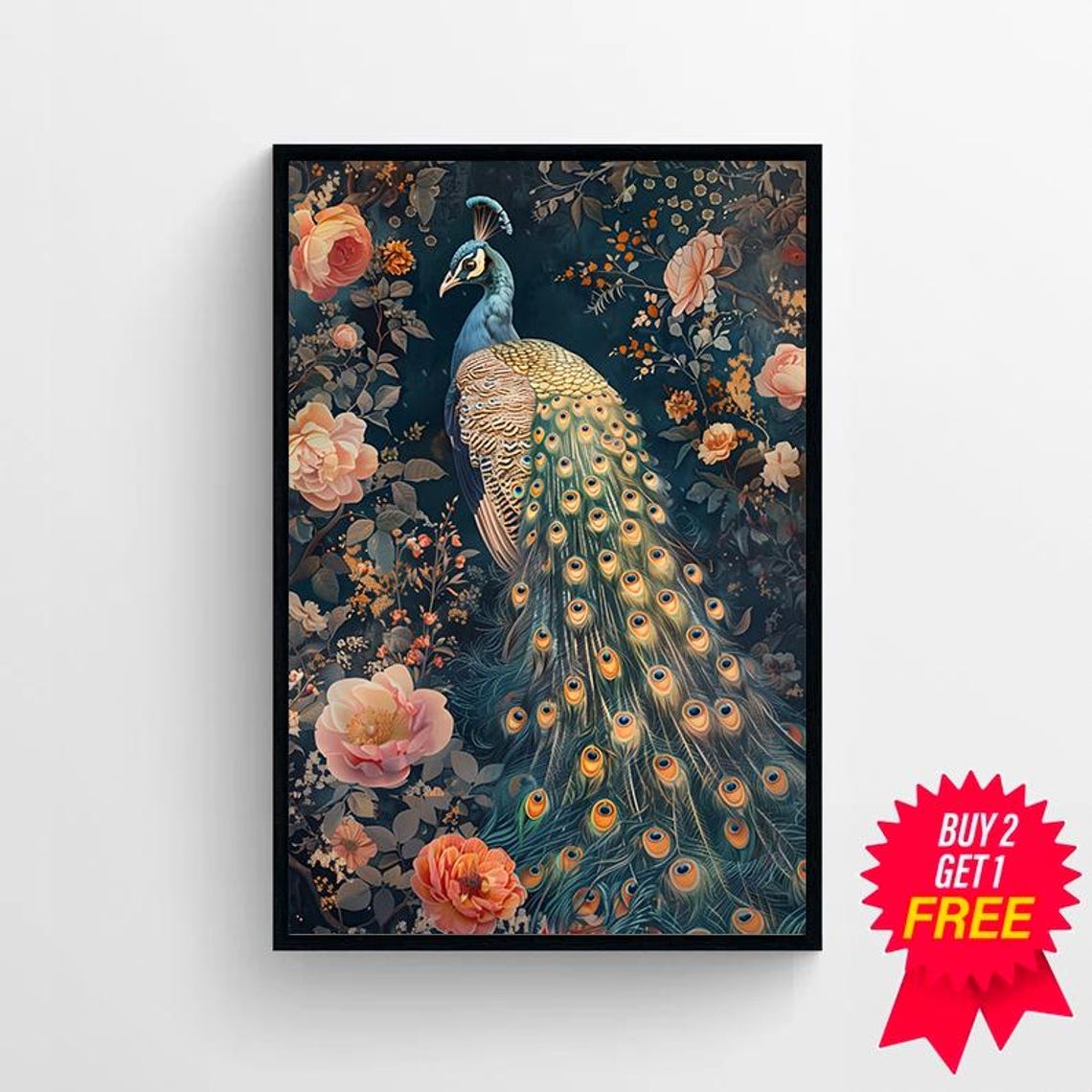 Majestic Peacock Among Blooming Peach Roses on Dark Teal Wall Poster - Image 4