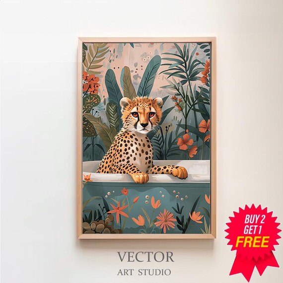 Playful Cheetah Cub Sitting in Bathtub Jungle Botanical Poster