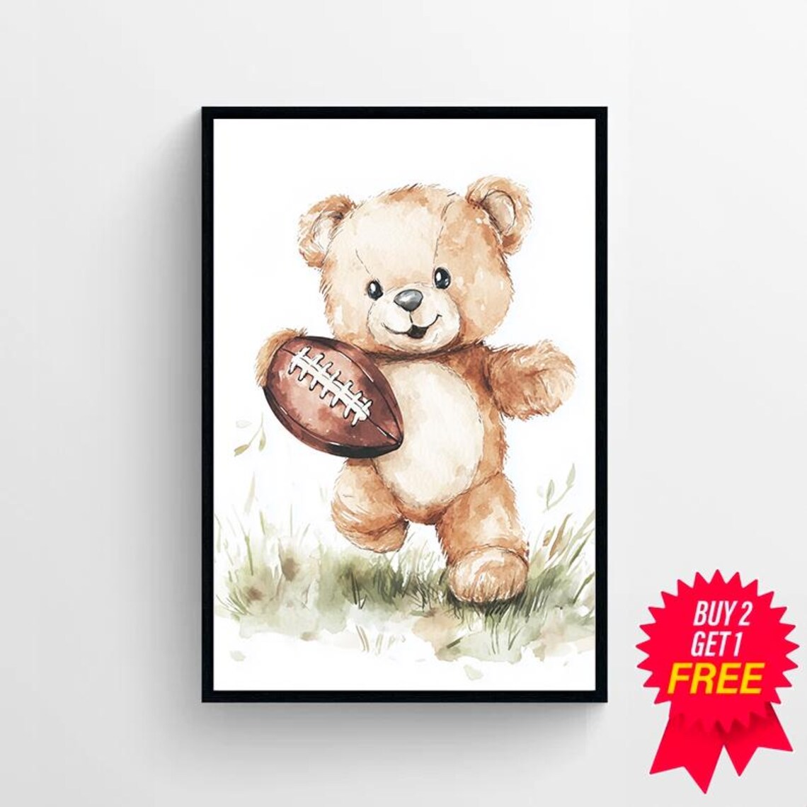 Teddy Bear Holding Football Watercolor Cute Nursery Sports Poster - Image 4