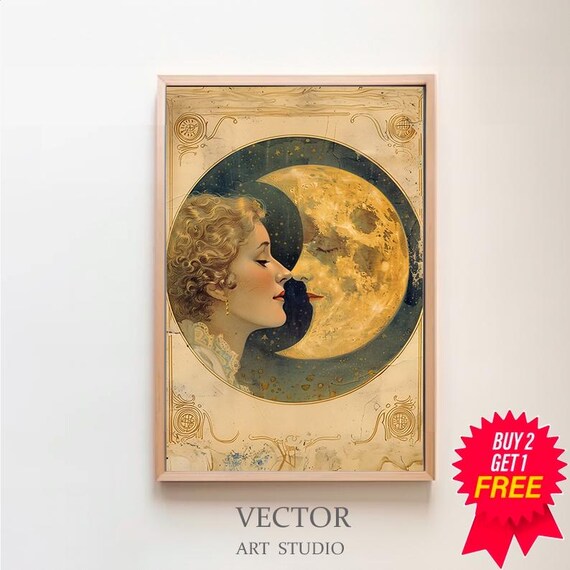 Woman Kissing the Golden Moon Vintage Celestial Art Nouveau Poster