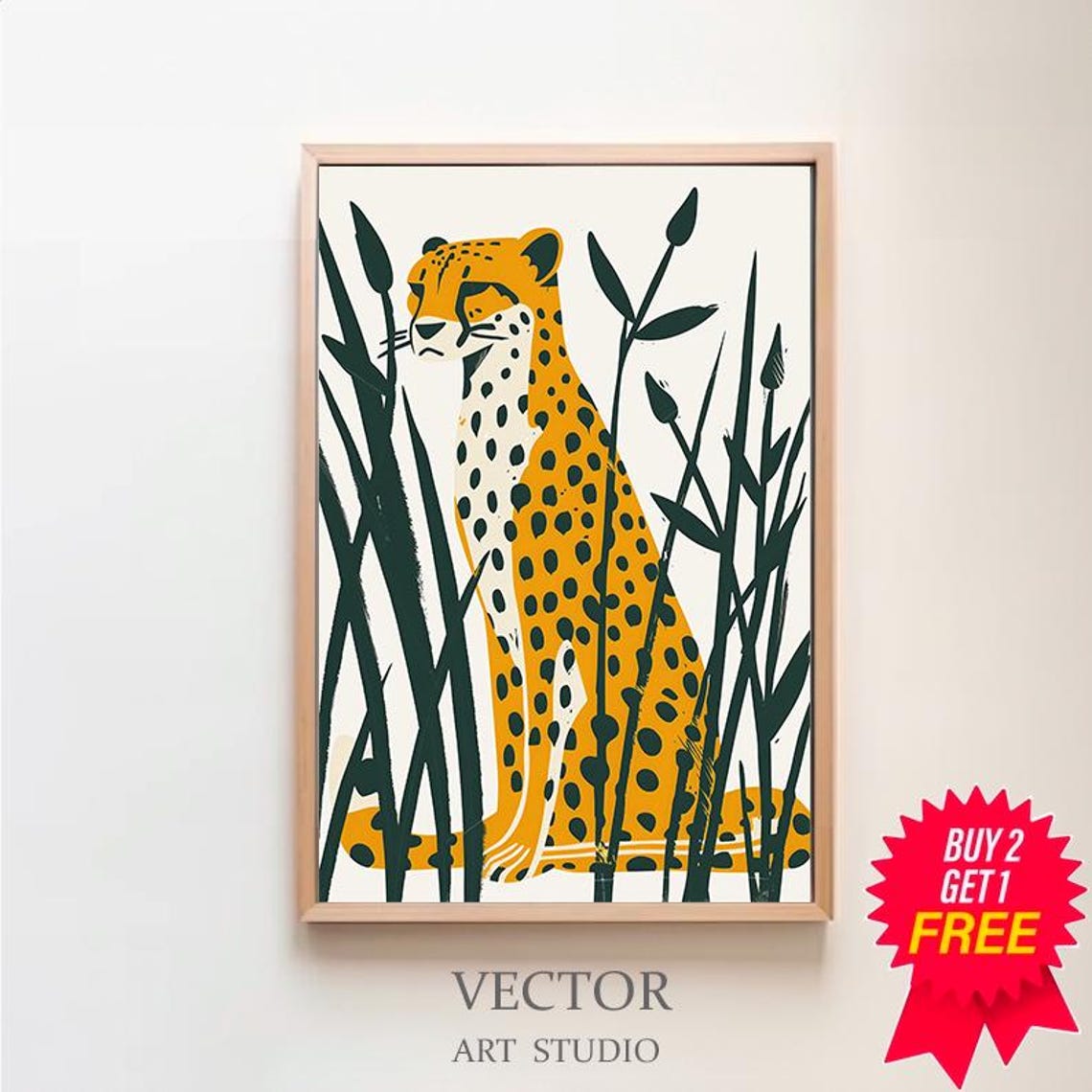 Cheetah Sitting Among Tall Reeds Minimalist Safari Art Poster