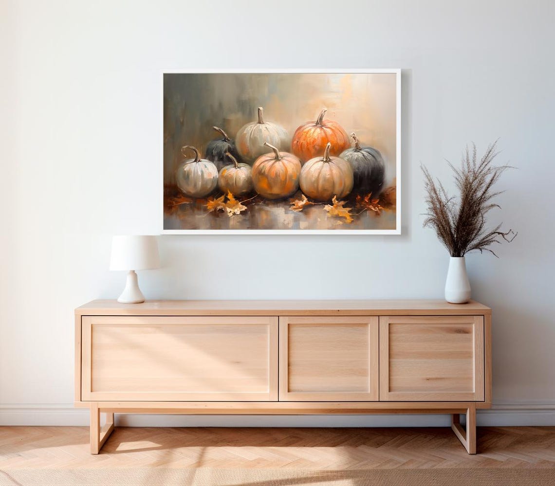 Soft Gray White And Orange Pumpkin Group Fall Still Life Poster - Image 2