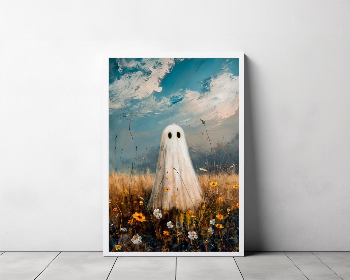 Cute Ghost in Wildflower Field Under Bright Blue Sky Halloween Poster - Image 3