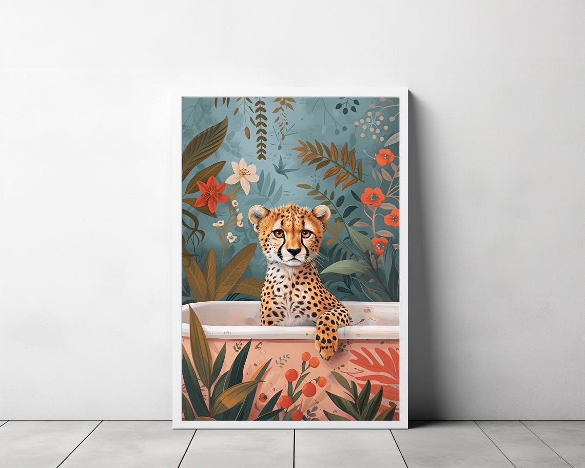 Cheetah Cub Bathing in Bathtub Against Blue Botanical Flower Poster - Image 3
