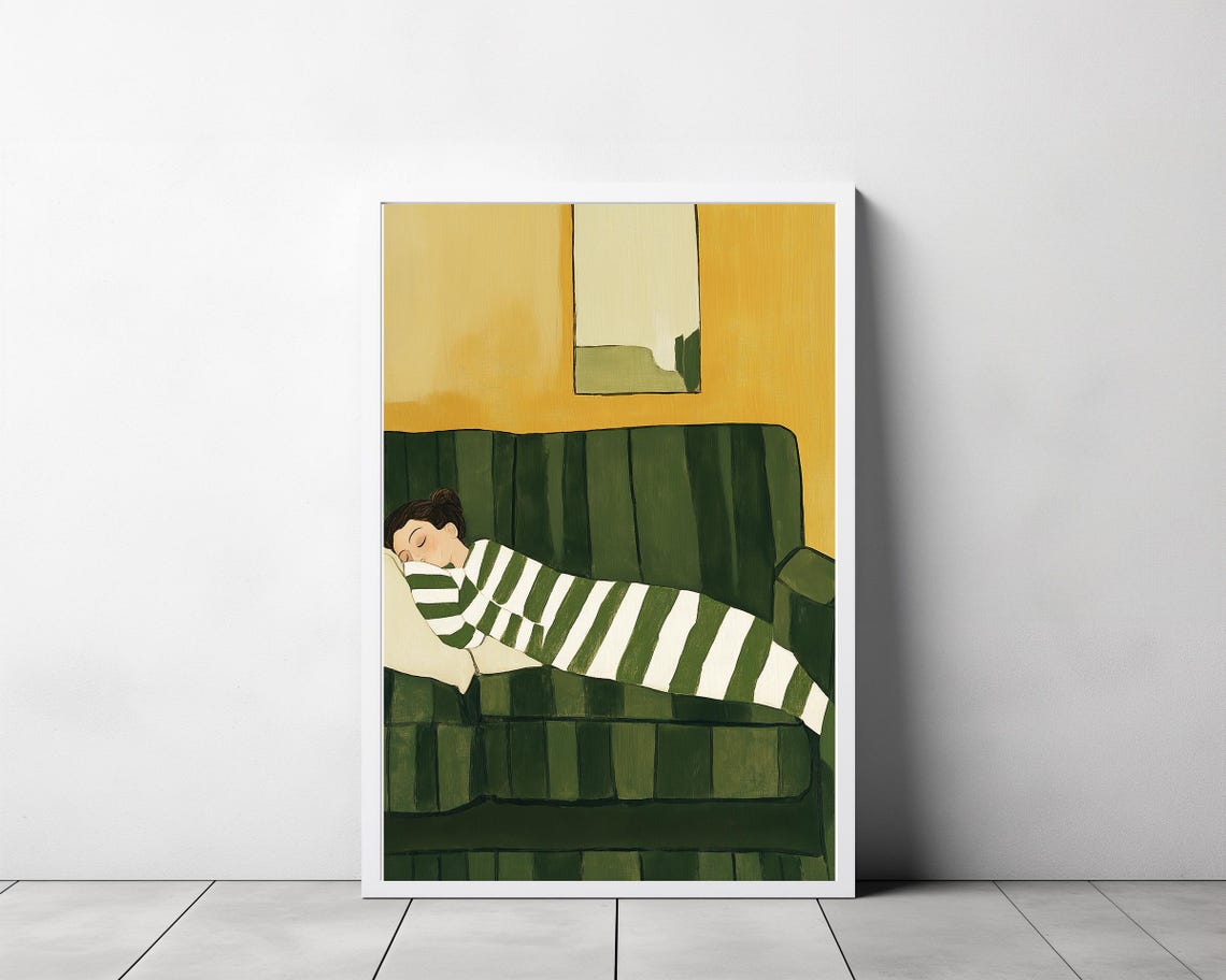 Woman in Green Stripes Sleeping on a Couch Against Mustard Poster - Image 3