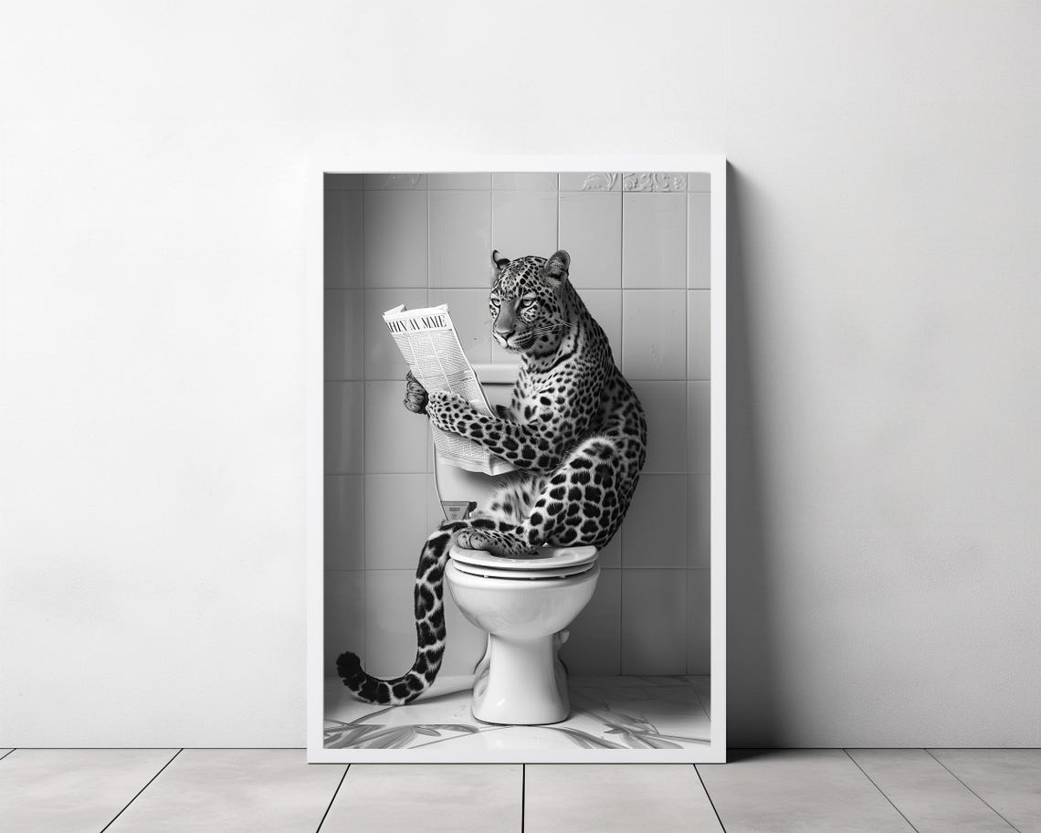 Leopard Sitting on Toilet Reading Newspaper Funny Wildlife Poster - Image 3
