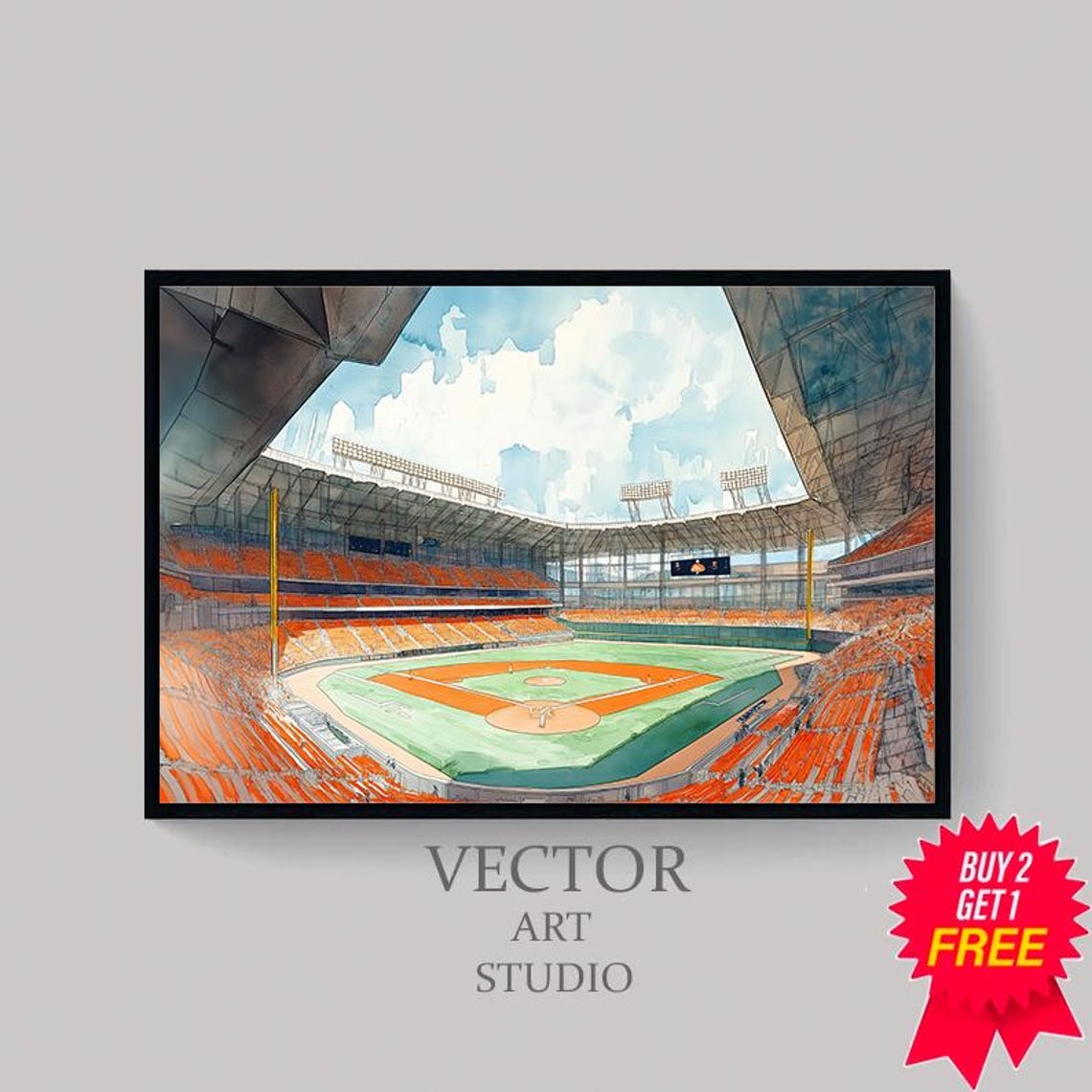 Baseball Stadium From the Upper Deck Watercolor Sports Scene Poster - Image 4