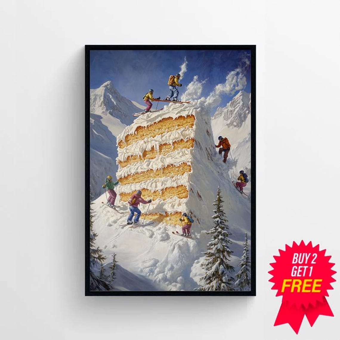 Retro Funky Apres Ski Wall Art Minimal Hoe Decor Mini Skiers On Frosty Cake Print Cozy Ski Cabin Decor Vintage Bar Cart Art Winter Wall Art - Image 4