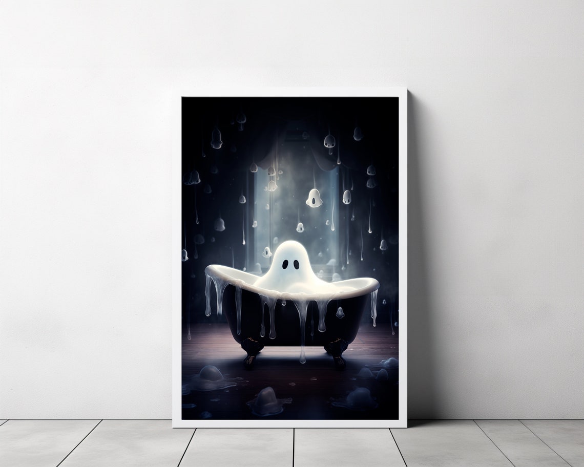 Cute Ghost in a Foam-Filled Black Tub Beneath Falling Moonlight Poster - Image 3