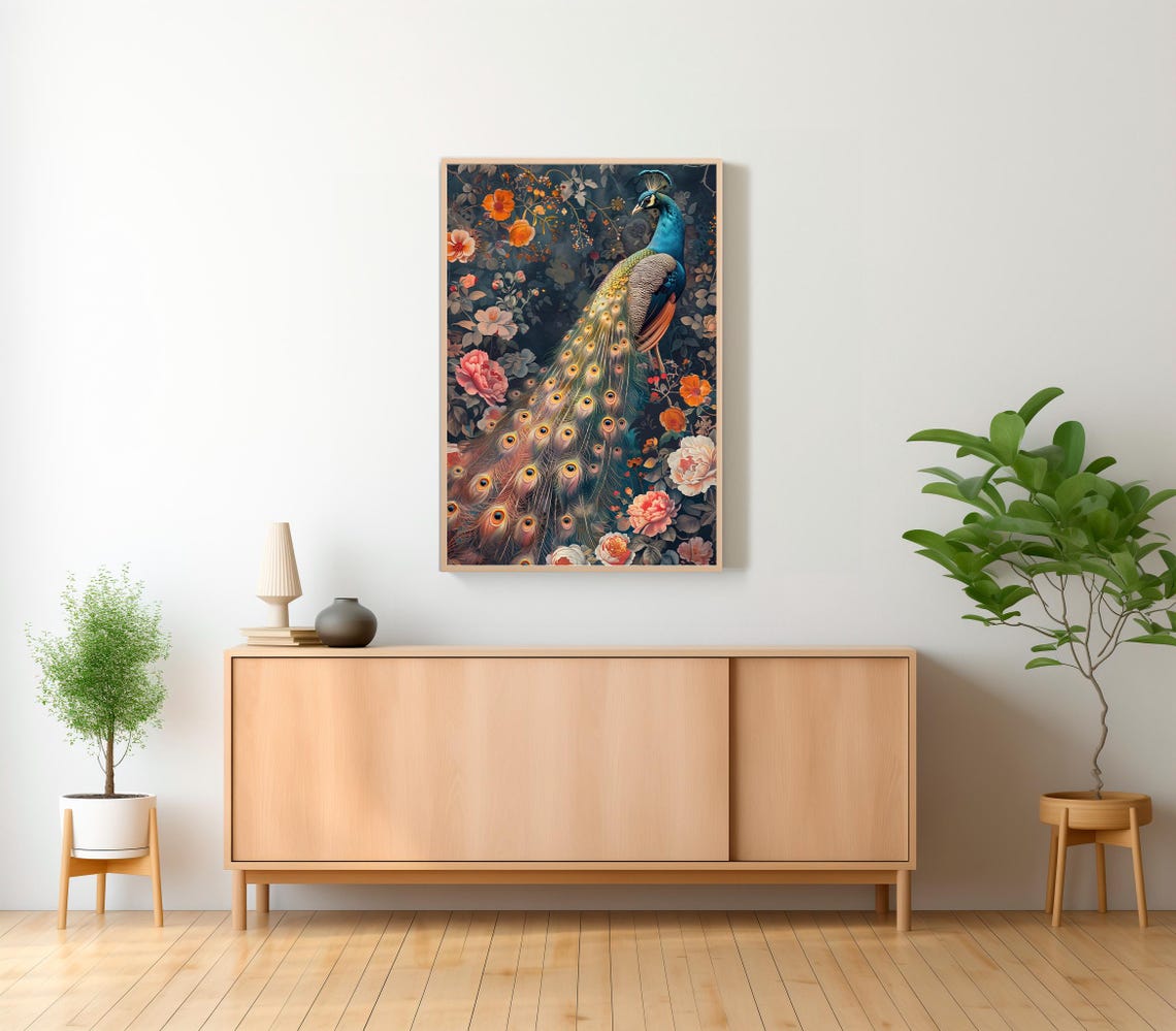 Peacock with Long Tail in Dark Botanical Vintage Floral Poster - Image 2